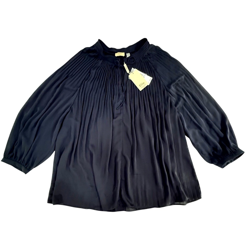 Elie Tahari Woman 3X Navy Pleated Blouse Long Balloon Sleeve Top NWT (157)